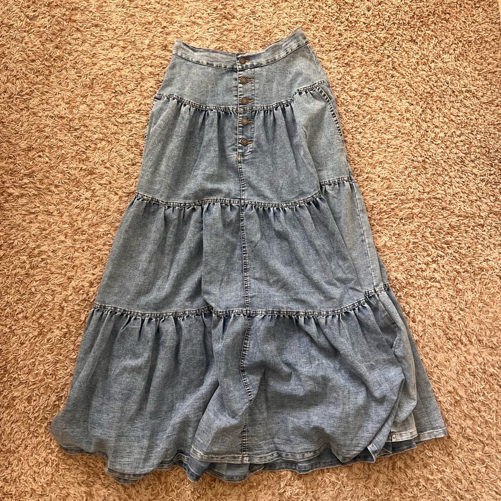 Elan denim maxi tiered skirt